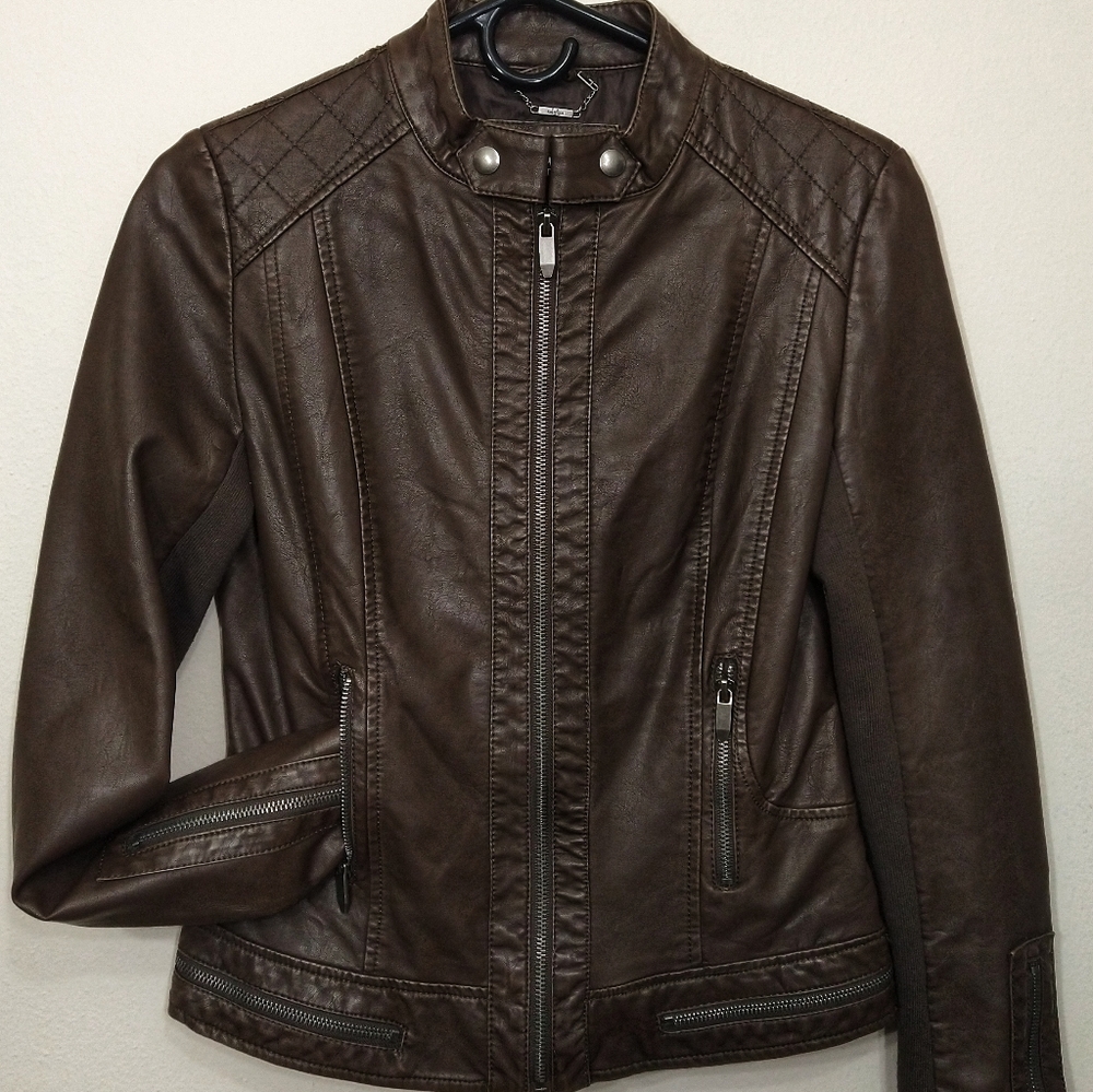 Vegan Leather Zippered Moto Jacket